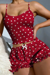 Kırmızı Desenli Askılı Seksi Şortlu Takım Zalle